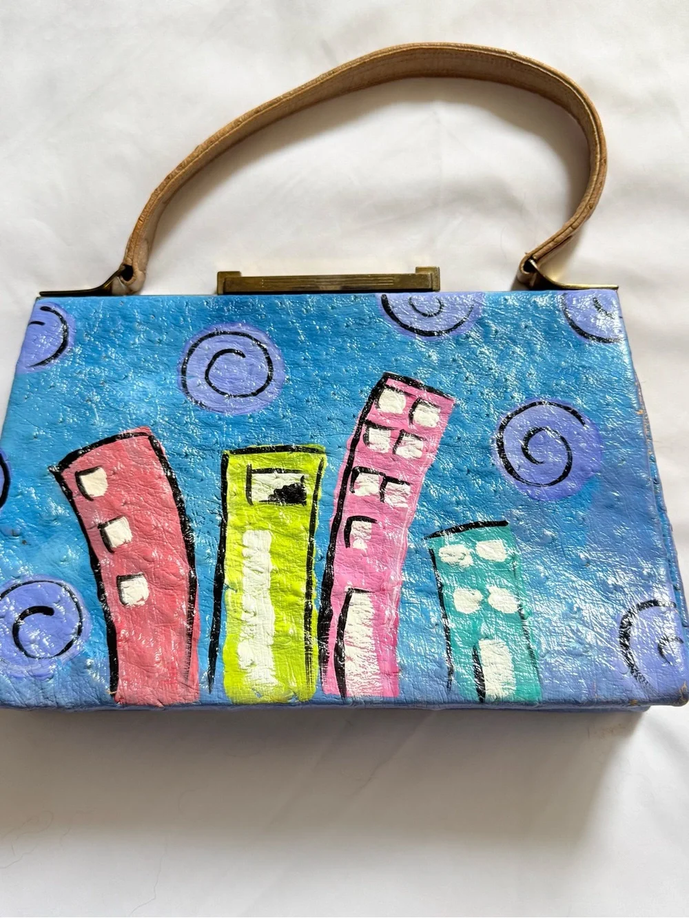 Vintage Hand Painted Ostrich Leather Frame Bag Cityscape Skyline Handbag Art